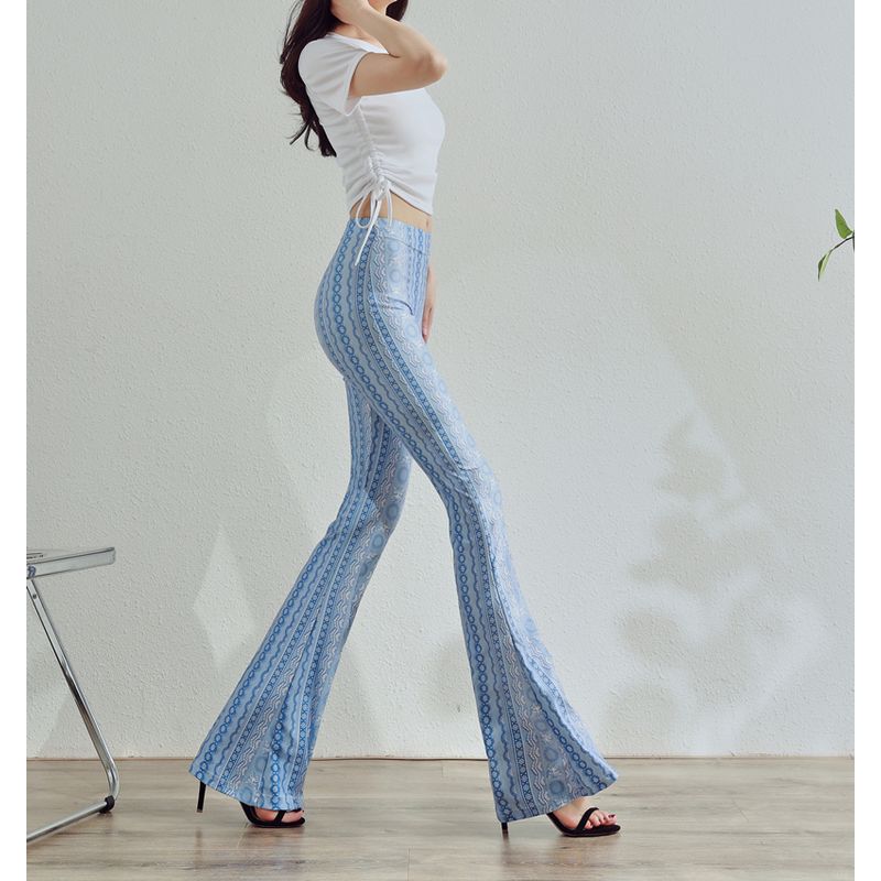 

Осенний принт Молочный шелк С высокой талией Облегающие Брюки-клеш Light blue National Wind L/XL (60.00 kg-75.00 kg