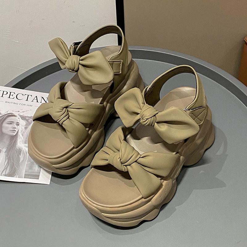 Summer High Platform Women Sandals 9CM Wedge Heels Bowknot Slipper Fashion 2025 Outside Chunky Sandals Beach Casual Slides Woman