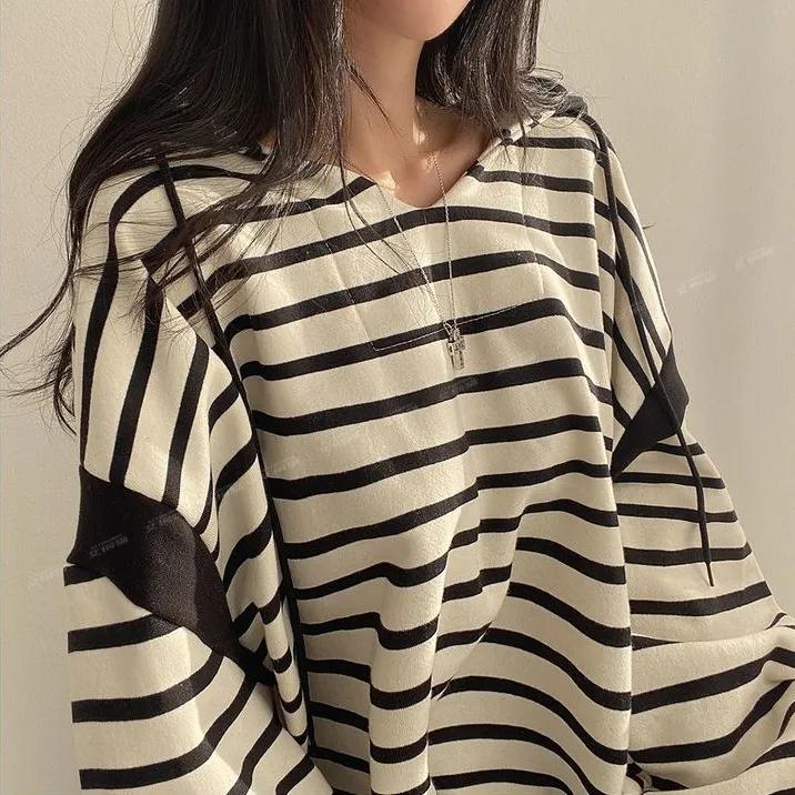 Spring and Autumn Women's Striped Hoodie Casual Long Sleeve Sweatshirt Vintage Oversized Hoodies