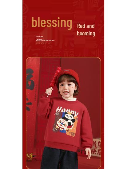 Europäischer roter Fleece-gefütterter Hoodie für Jungen – Kleinkinderbekleidung im Neujahrs- und Winterstil