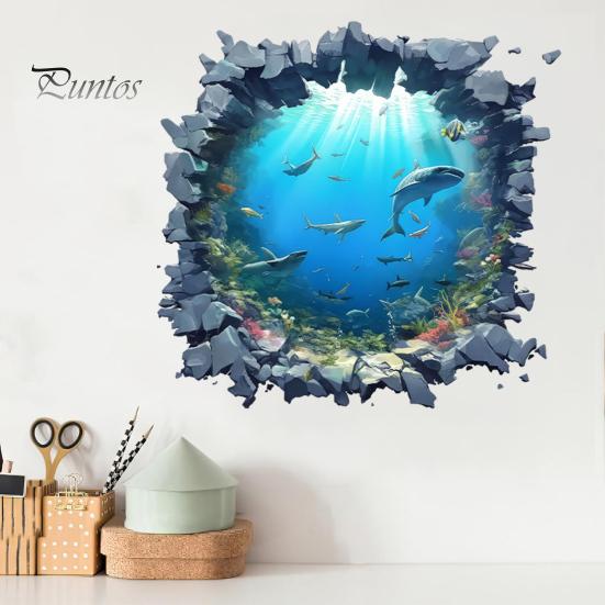 Easy Install Wall Art for Bedroom Underwater Shark Sticker, Realistic 3D Ocean View Decal, Waterproof Large Perspective Stickers PVC Mural Living Room