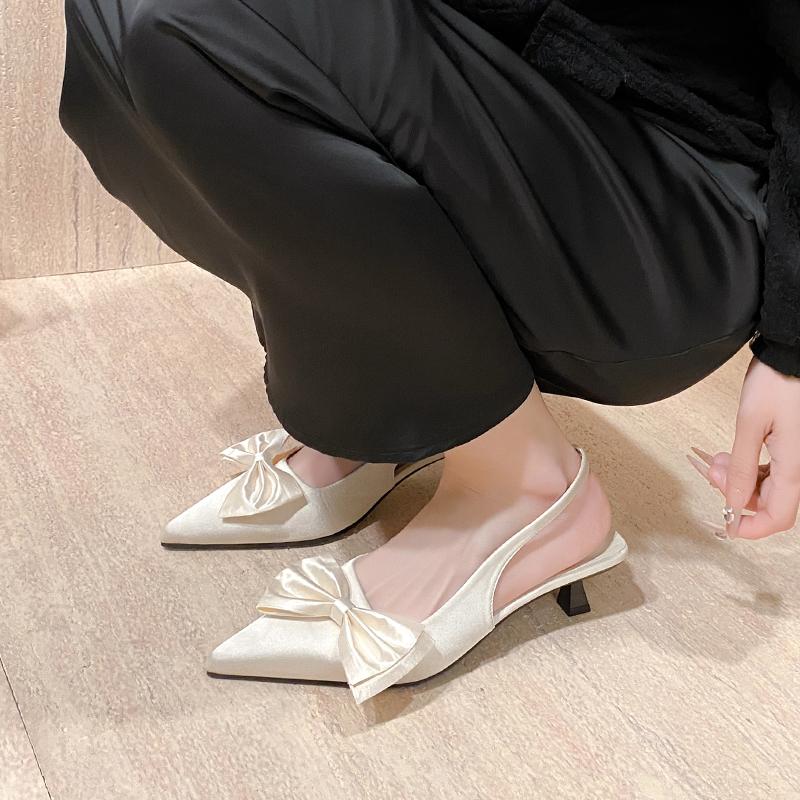 Bow Shallow Women's Sandals Pointed Toe Mid Heels Shoes Elegant Woman Pumps 2025 Fad Trend Designer Summer Sandalias De Mujer