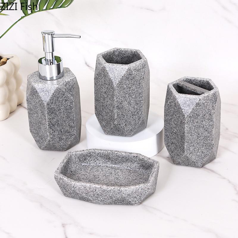 Marble Texture Bathroom 4pcs Set Hand Sanitizer Bottle Cup Toothbrush Holder Soap Dish Household Soap Dispenser Lotion Bottle