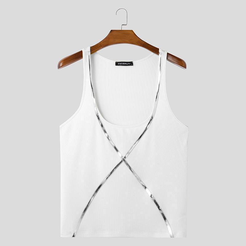 INCERUN Men Summer Strap Sleeveless Cross Patchwork Casual Fitted Tank Tops