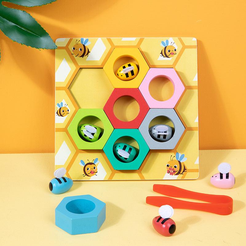 Wooden Bee House & Clamp Bee Hive Matching Game | Montessori Color Sorting Puzzle, Fine Motor Skill Early Educational Toy Gift