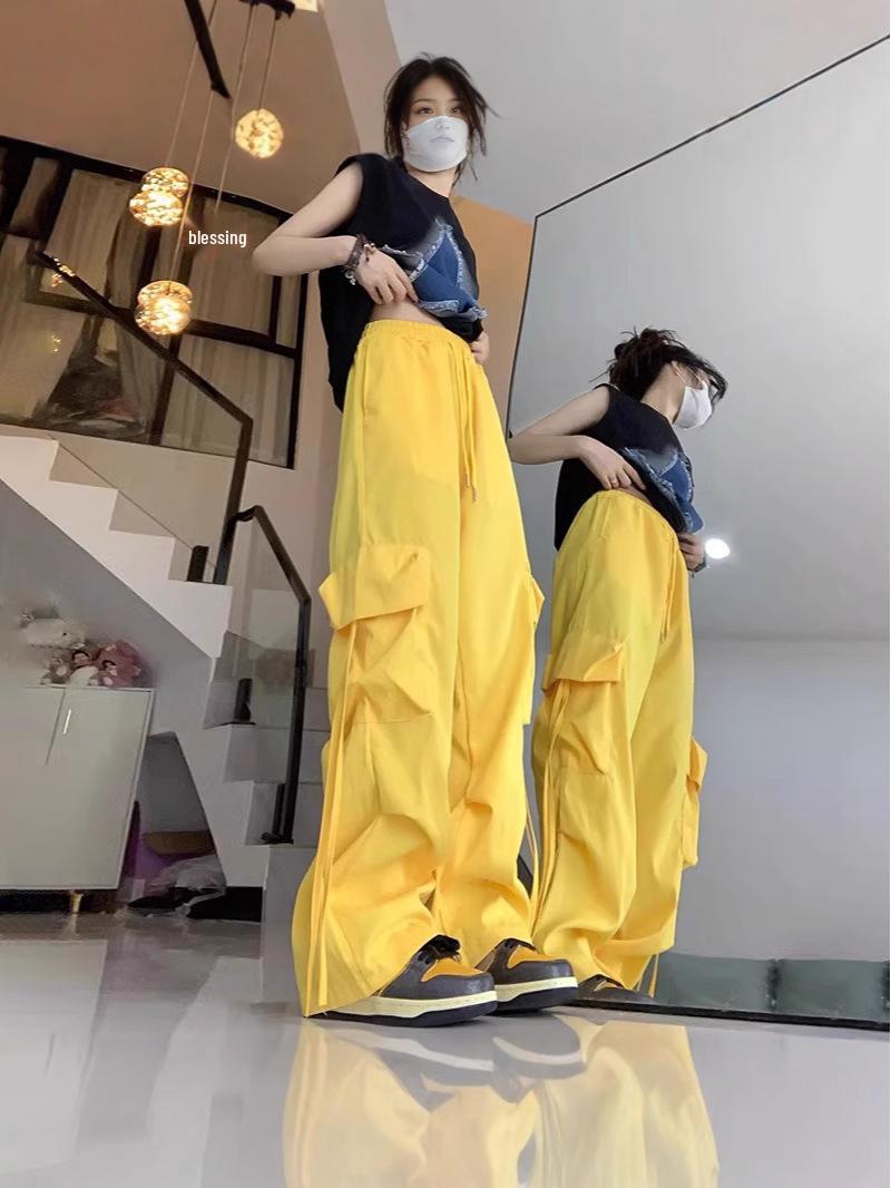 

Трендовые брюки карго с высокой посадкой Осень 2024: Унисекс Повседневные брюки с несколькими карманами 2XL жёлтый