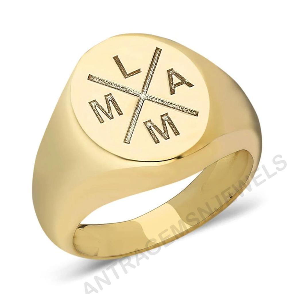 Anel Sinete Personalizado em Prata de Lei com Banho de Ouro Amarelo: Jóias Iniciais Personalizadas