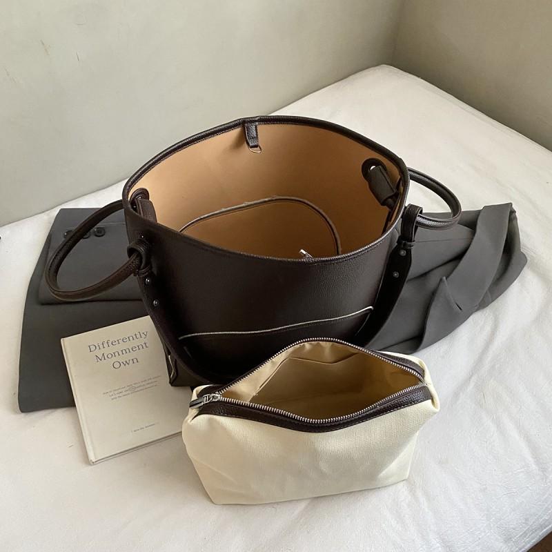 Large Capacity Bucket Tote Bag Women Minimalist Chic Shoulder With Zipper PU Leather Multi-Use Daily Commuter