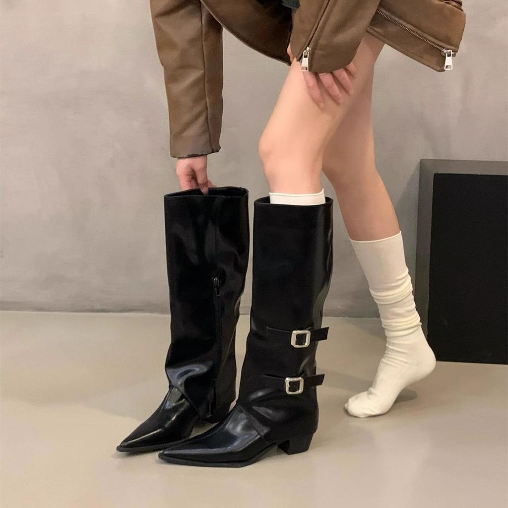 High Heel Pointed Brown Pants Boots Women's Boots 2025 Autumn and Winter White Skinny Boots Medium Knight Boots