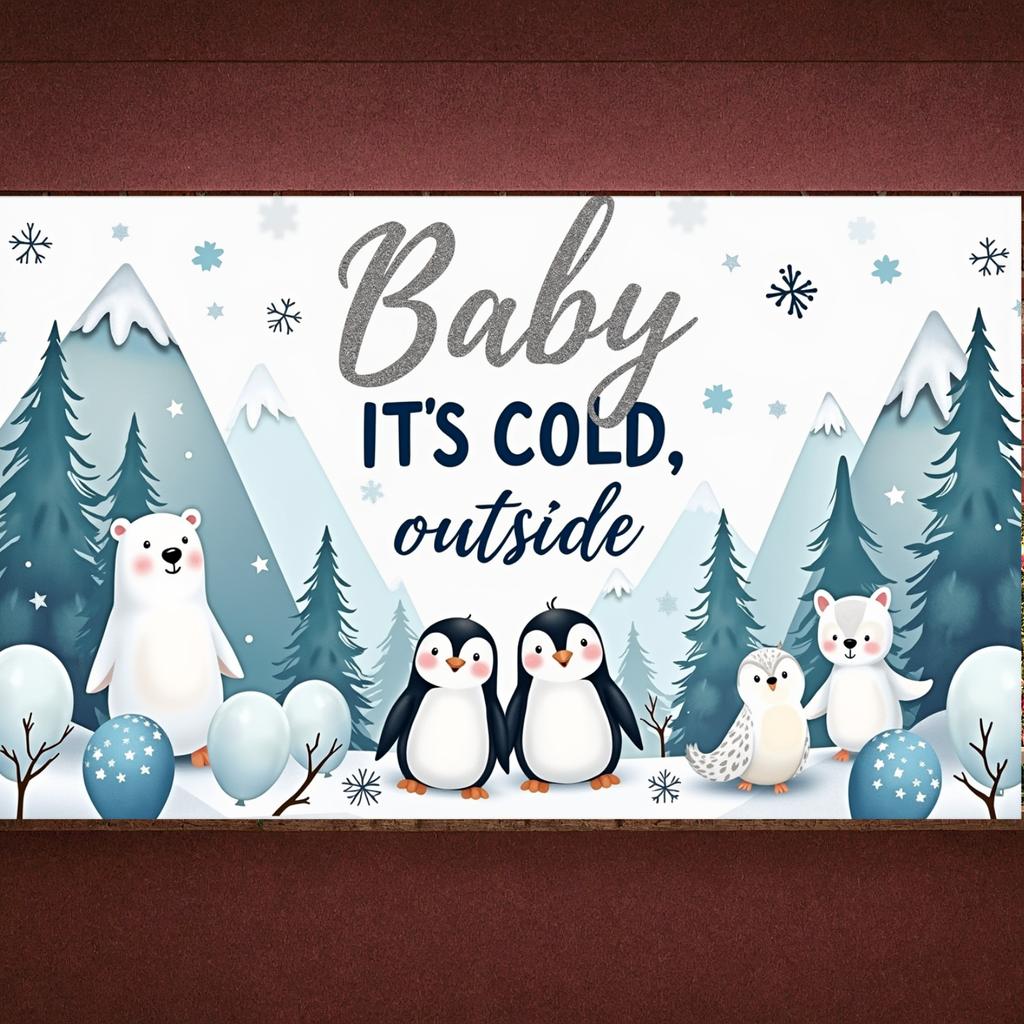 Winter Party Display Glitter Text Arctic Animals Backdrop Penguin Theme Backdrop Winter Forest Scene Winter  Banner