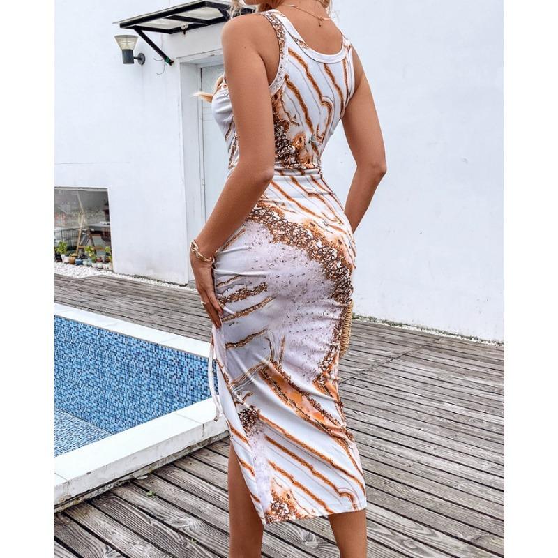 YYFS Women's Fashion Summer Spring Solid Color Print Sleeveless U-Neck High Waist Casual Dresses