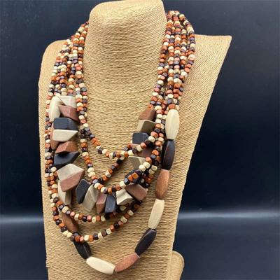 Long Necklace Retro Ethnic Style Multi-Layer Geometry Beach Pastoral Style Wood Colorfull