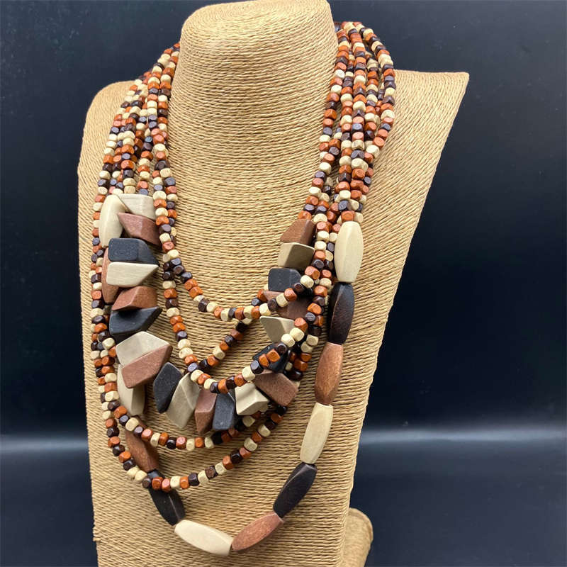 Multi-Layer Beach Pastoral Style Wood Retro Colorfull Geometry Ethnic Style Long Necklace