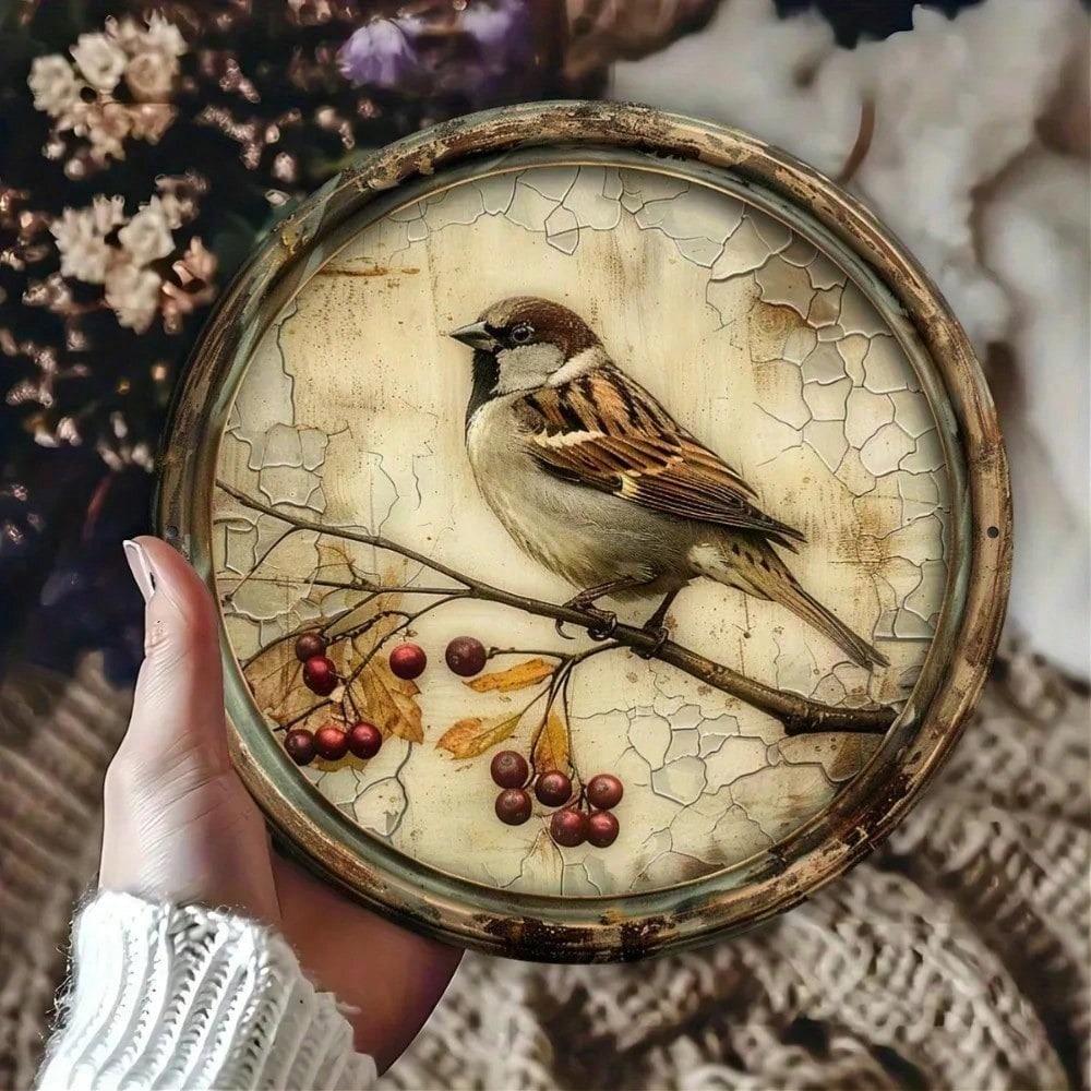 Vintage Cherry Blossom Bird Metal Round Tin Sign, Retro Aluminum Wall Art Kitchen Home Decor