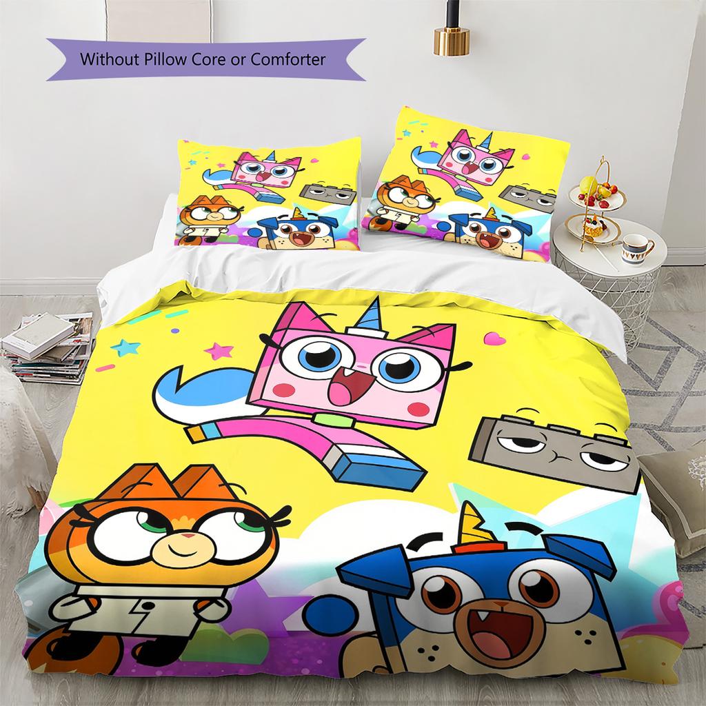 Unikitty! Pattern Bedding Quilt Set Home Decoration Gift (1 * duvet cover + 2 * pillowcase without core)