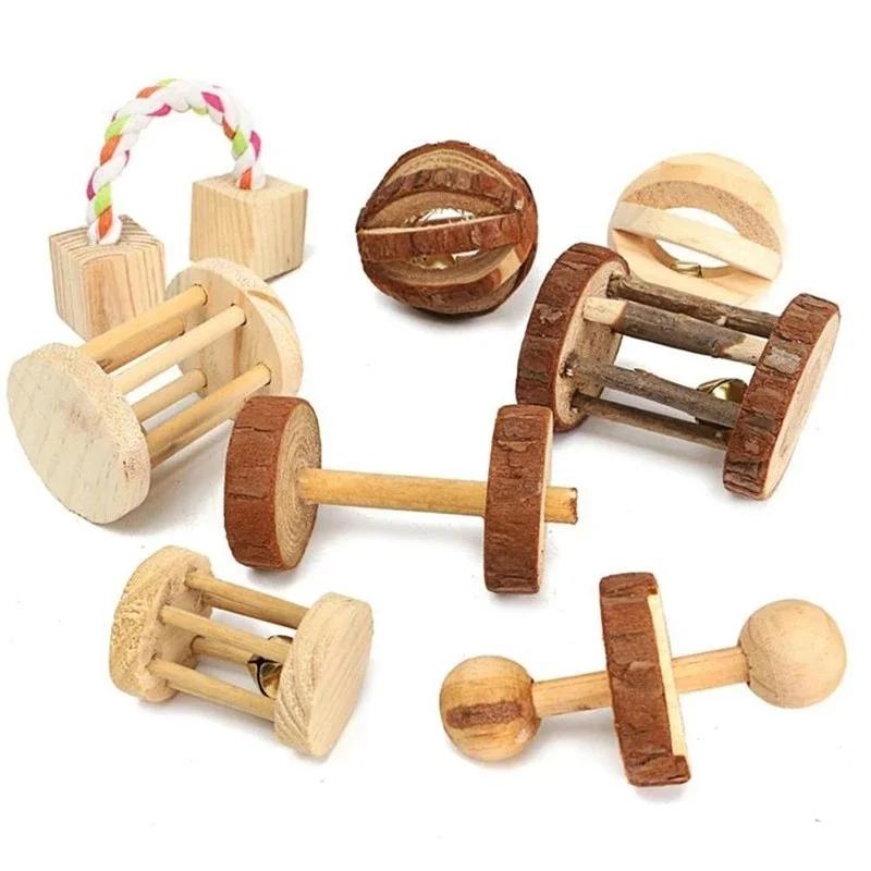 Rabbits Cute Natural 1pc Wooden Toys Pine Dumbbells Unicycle Bell Roller Chew Toys For Guinea Pig Rat Small Pet Molars Supplies