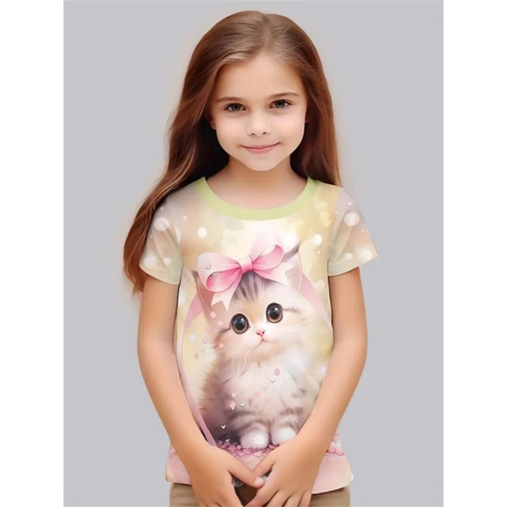 Roupa de Menina 2025 Gato de Desenho Animado Animal Fofo Estampa 3D Moda Casual Camisetas Engraçadas Camisetas de Menina Top de Verão de Manga Curta