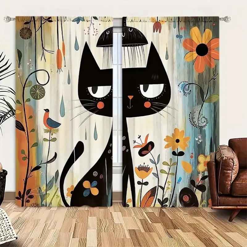 2 Pcs Cartoon cat flower print curtains,suitable for bedroom,living room kitchen decoration,home decoration,window decoration