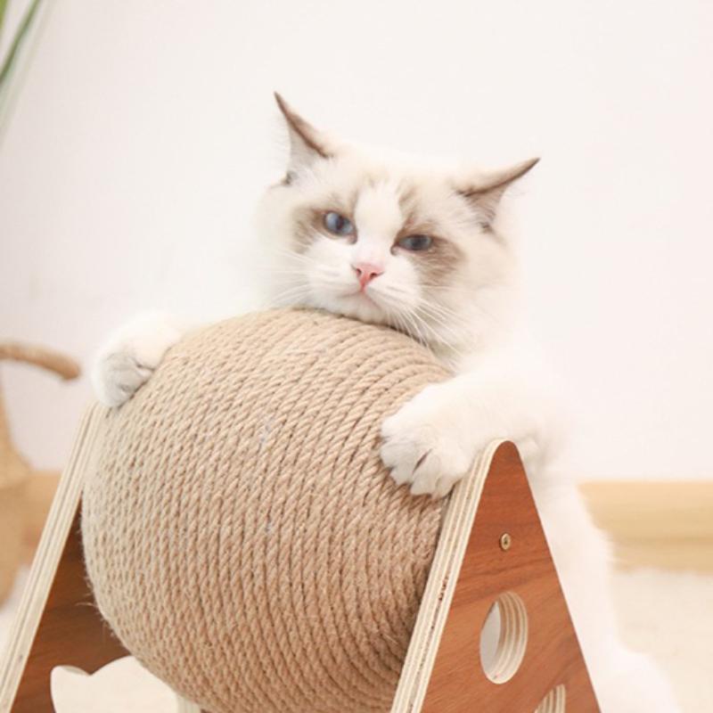 Houten Krabpaal met Bal – Sisaltouw Kattenklauw Slijper, Duurzaam Interactief Speelgoed voor Binnenkatten, Beschermt Meubels