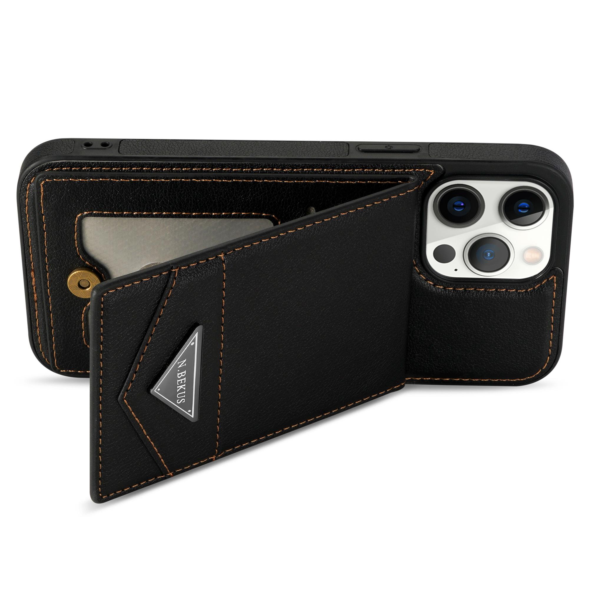 

N.BEKUS For iPhone 16 Pro Max Kickstand Case Leather+TPU Card Slot Phone Cover Brown