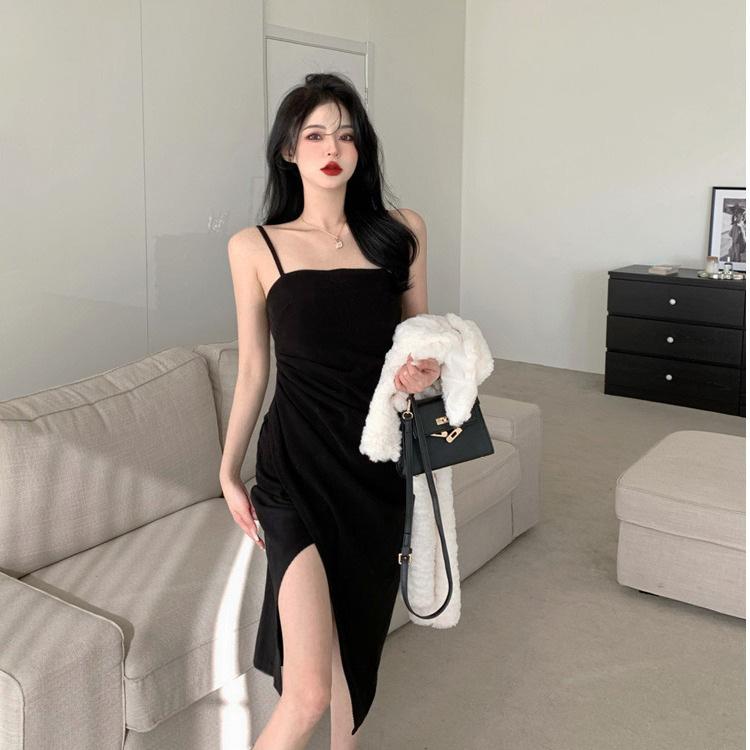 New summer two-color suspender split pleated dress new pure desire wind light and mature temperament medium and long dress women