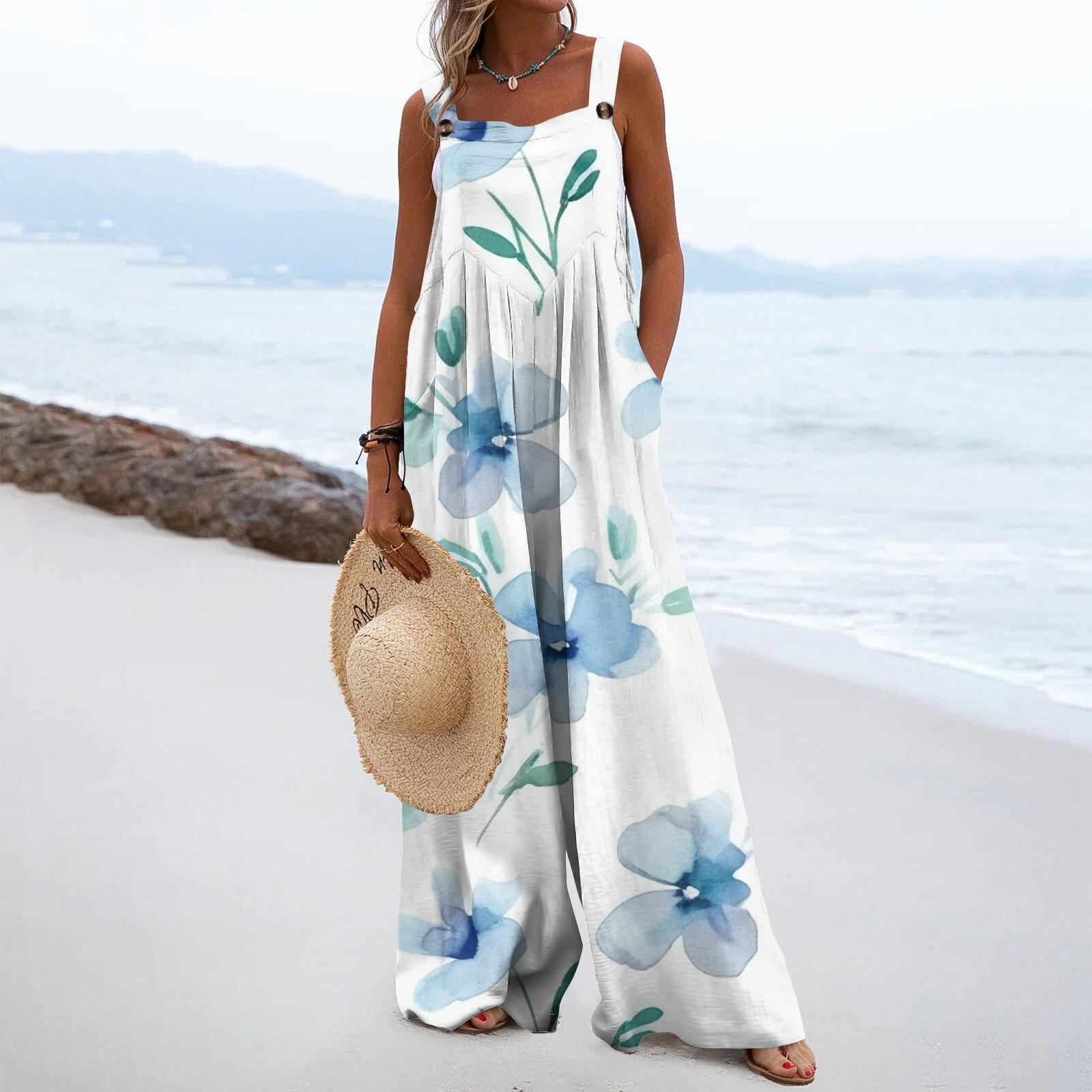 

Женский модный свободный комбинезон без рукавов с цветочным принтом и карманами XXL