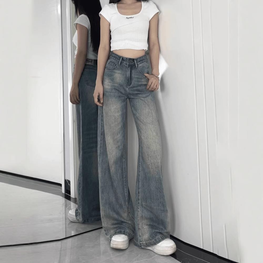 Women American Vintage Wide Leg Jeans Summer Thin High Waist Loose Draped Floor Length Flare Denim Pants