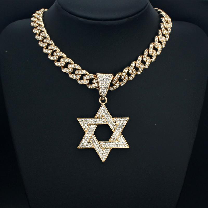 Fashion Star of David Pendant Necklace Women Men Hip Hop Tennis Cuban Chain Necklaces Classic Six-pointed Star Jewish Jewelry