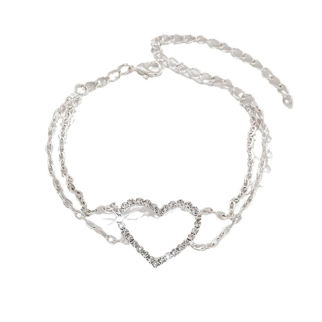 Double-Layer Rhinestone Heart Anklet - Versatile Beach Jewelry for Women