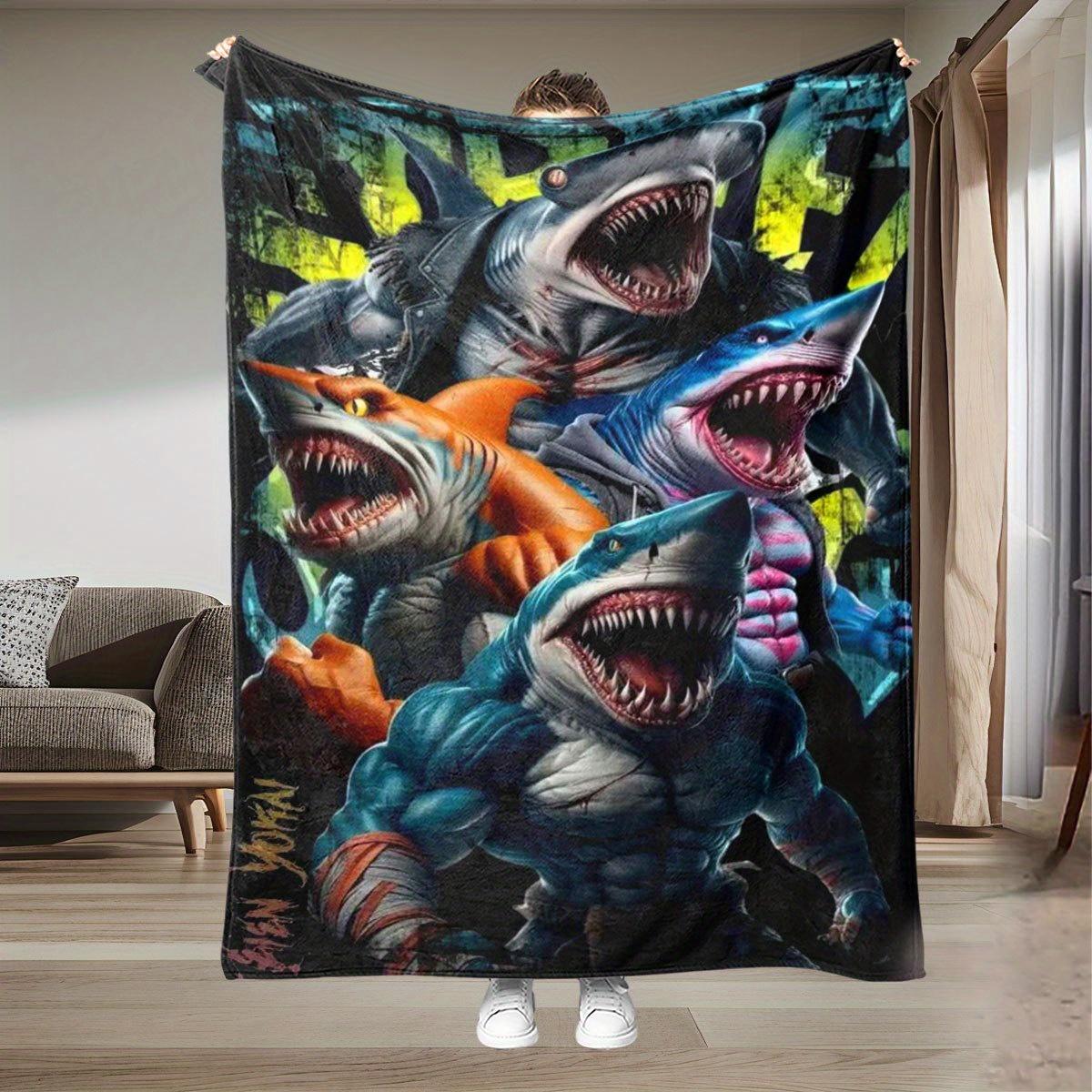 

Fierce muscular shark pattern Flannel printed blanket suitable for all seasons suitable for living room office sofa and travel 75x100cm
