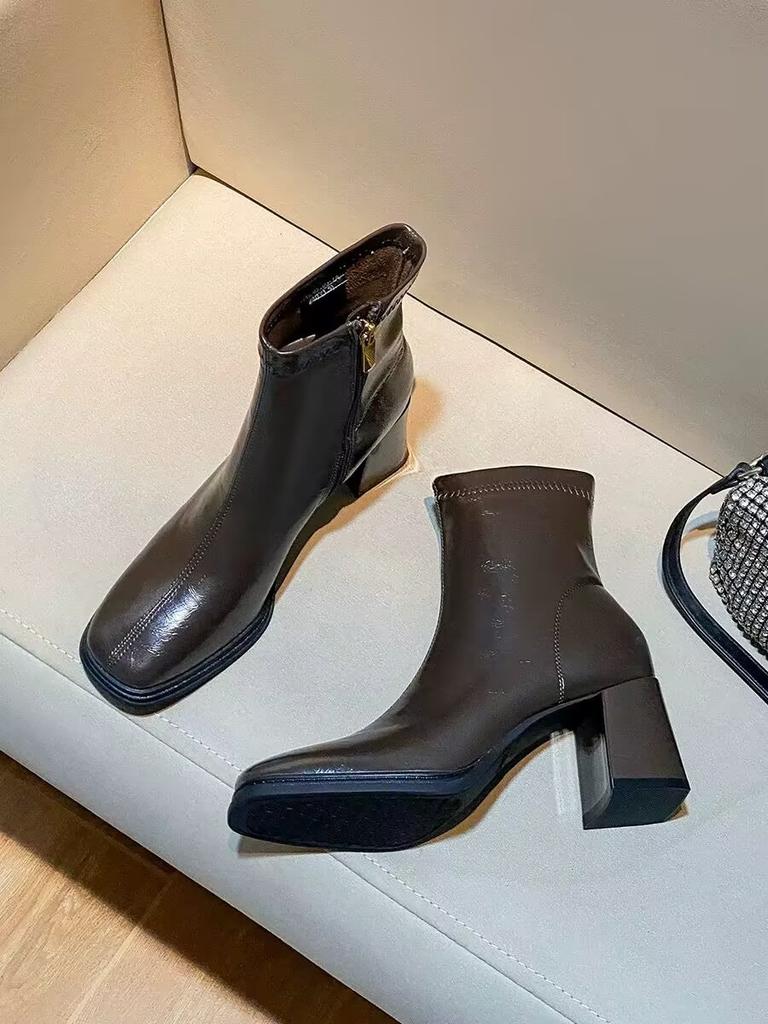 Foreign trade French square head thick heel short boots 2024 new retro fashion thin boots short small single boots