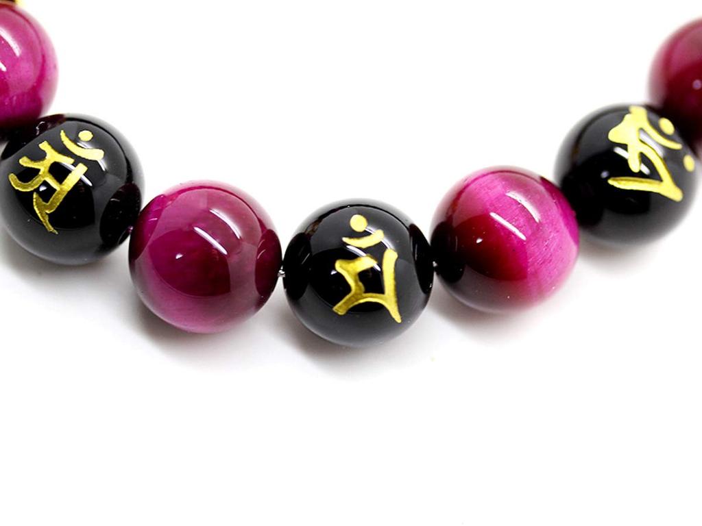 [Seki-Kira] 4A Pink Tiger Eye, Sanskrit Onyx, Gold Carved Dragon Crystal, 18mm Prayer Beads Necklace, Natural Stone, 065