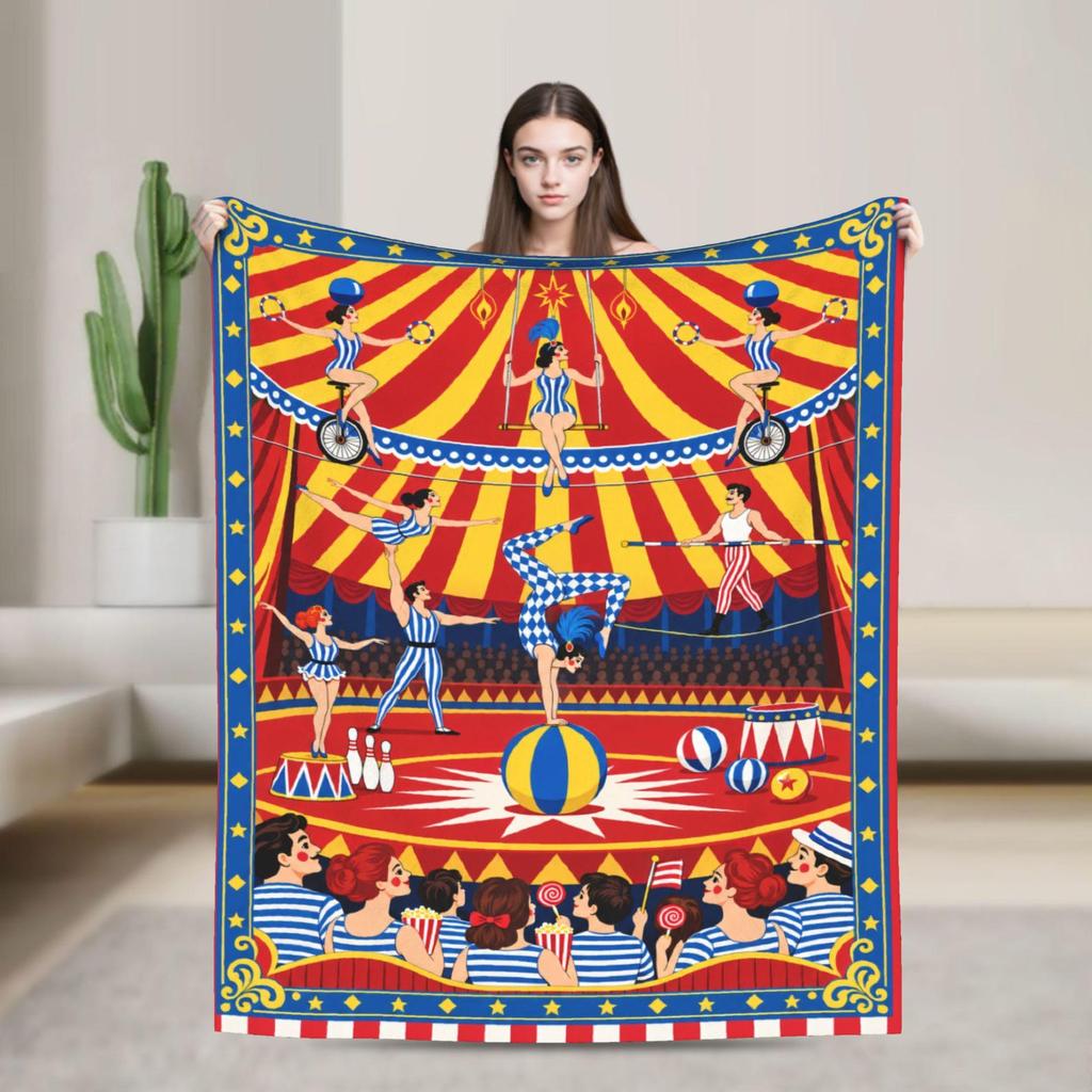Vintage Circus Performers Fleece Blanket, Retro Carnival Big Top Decor