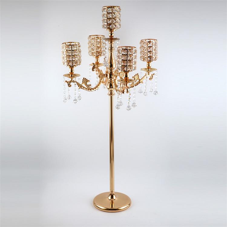 Gold 5 Arm Crystal & Metal Candle Holder Luxury Candelabra Centerpiece Handmade Durable Wedding Christmas Decoration (Gold,38*H110cm)