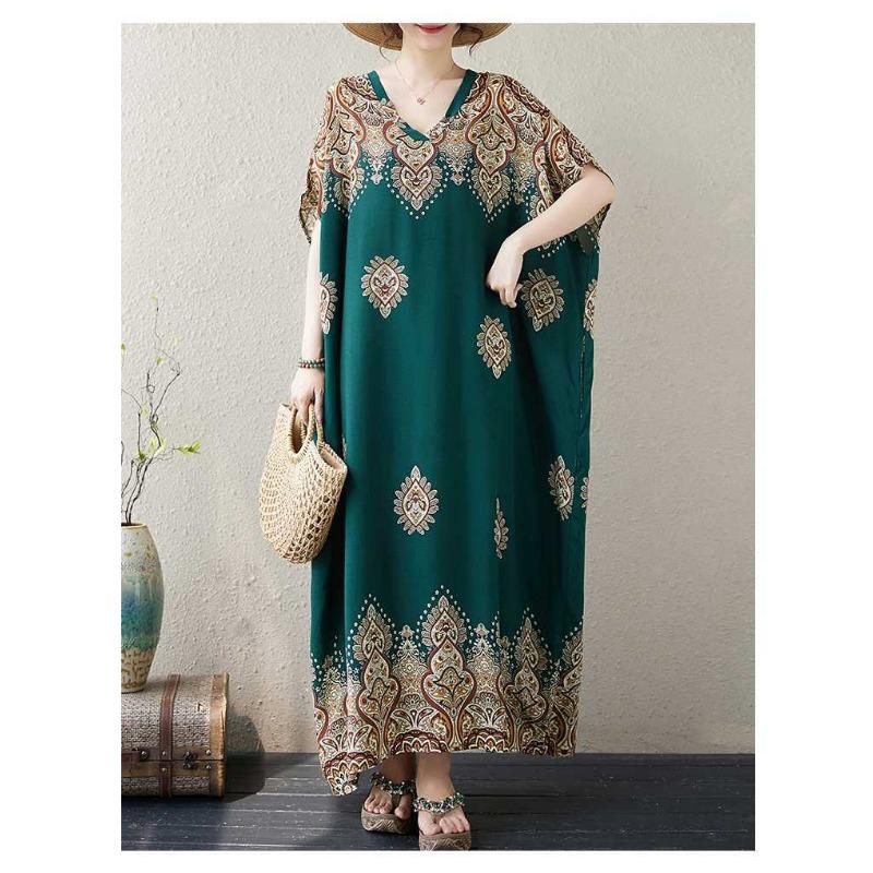 V Neck Fresh Floral Skinny Literary Vintage Bohemian Vacation Long Skirt