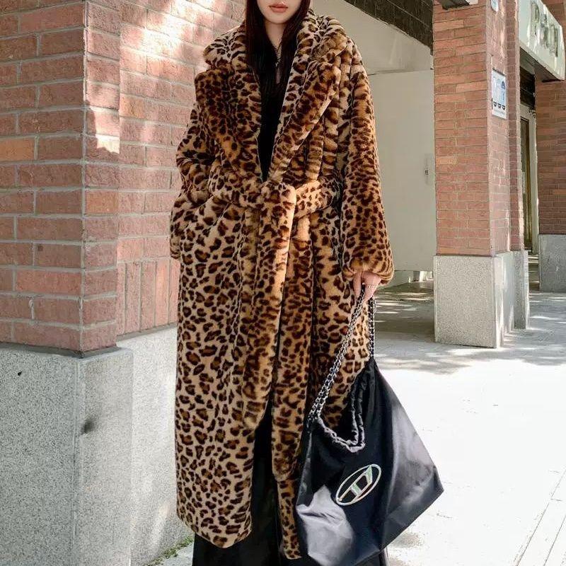 Fur leopard print extended loose suit collar fur jacket imitation rabbit fur knee coat lapel collar women
