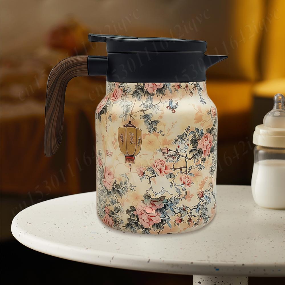 Kitchen Tea Kettle 800ml Retro Floral Tea Kettle Stainless Steel with Infuser Tea Separation Thermal Insulation Pot Wood Handle