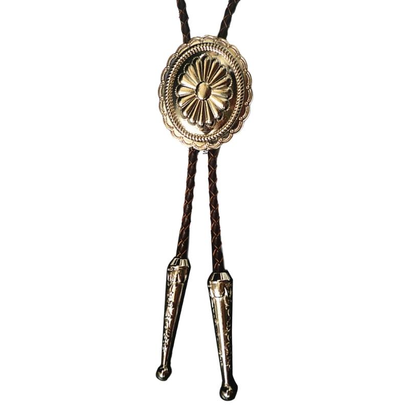 Men Women Vintage Bolo Tie Metal Flower Jewelry Cowboy Braided Rope Necktie Western Necklace with Feathered Pendant