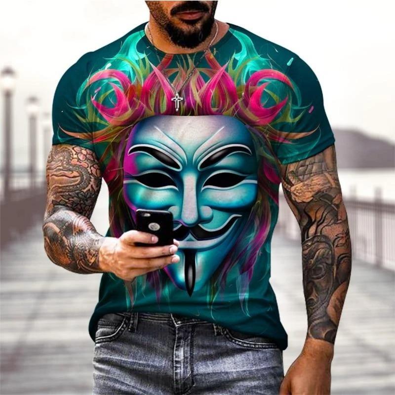 Summer Round Neck 3D Funny Masked Face Print Top Fashionable Casual Short Sleeved Men's T-shirts