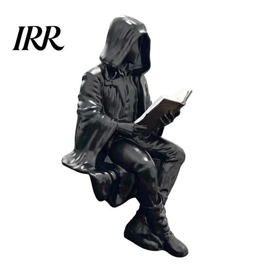 Hooded Figurine Gothic Dark Fantasy Reading Figurine, Mystery Figure Sculpture, Decor Statue Resin Sitting Grim Reaper for Bookshelf, Desk Home