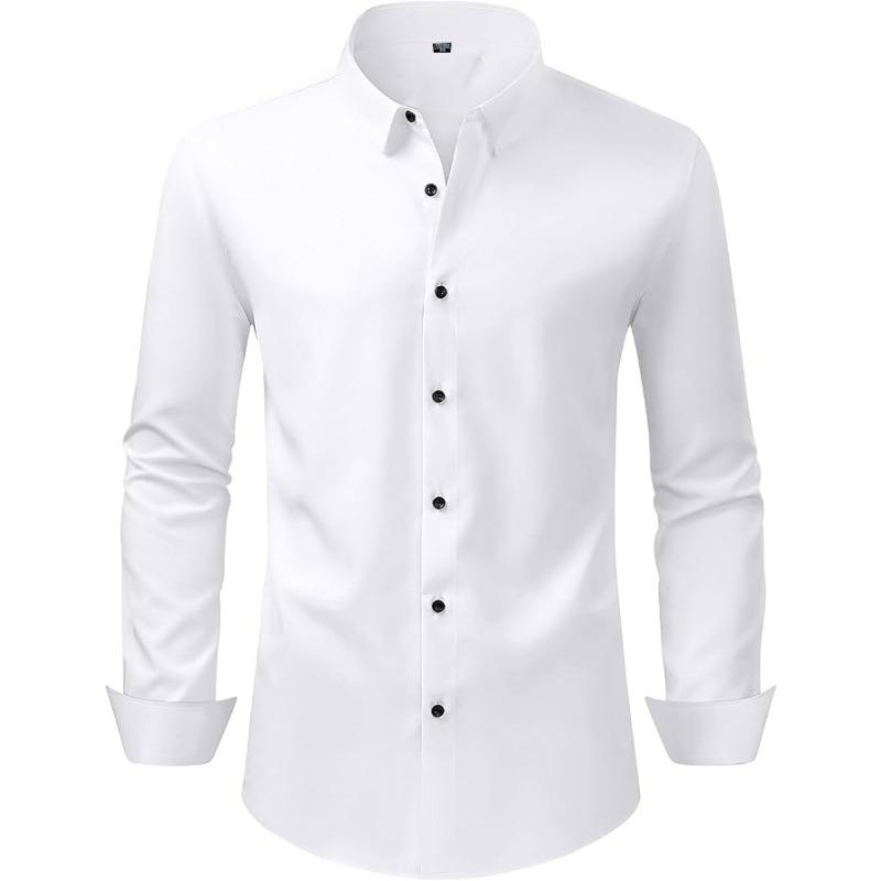 Men Solid Long Sleeve Dress Shirt with Black Buttons, 4-Way Stretch Wrinkle Free Business Formal Shirt, Cross-border Hot Selling Shirt