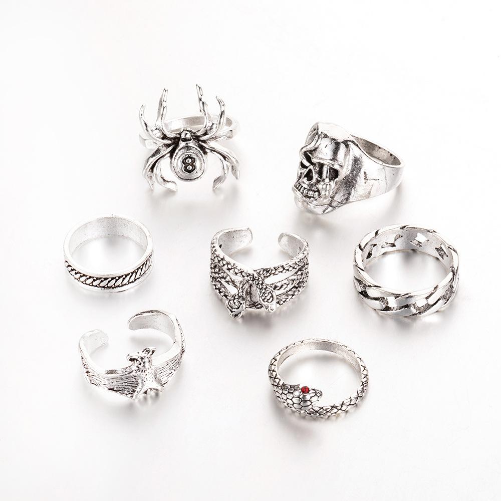 Vintage Personality Number 8 Skull Spider Bat Snake Animal 7 Piece Set Ring