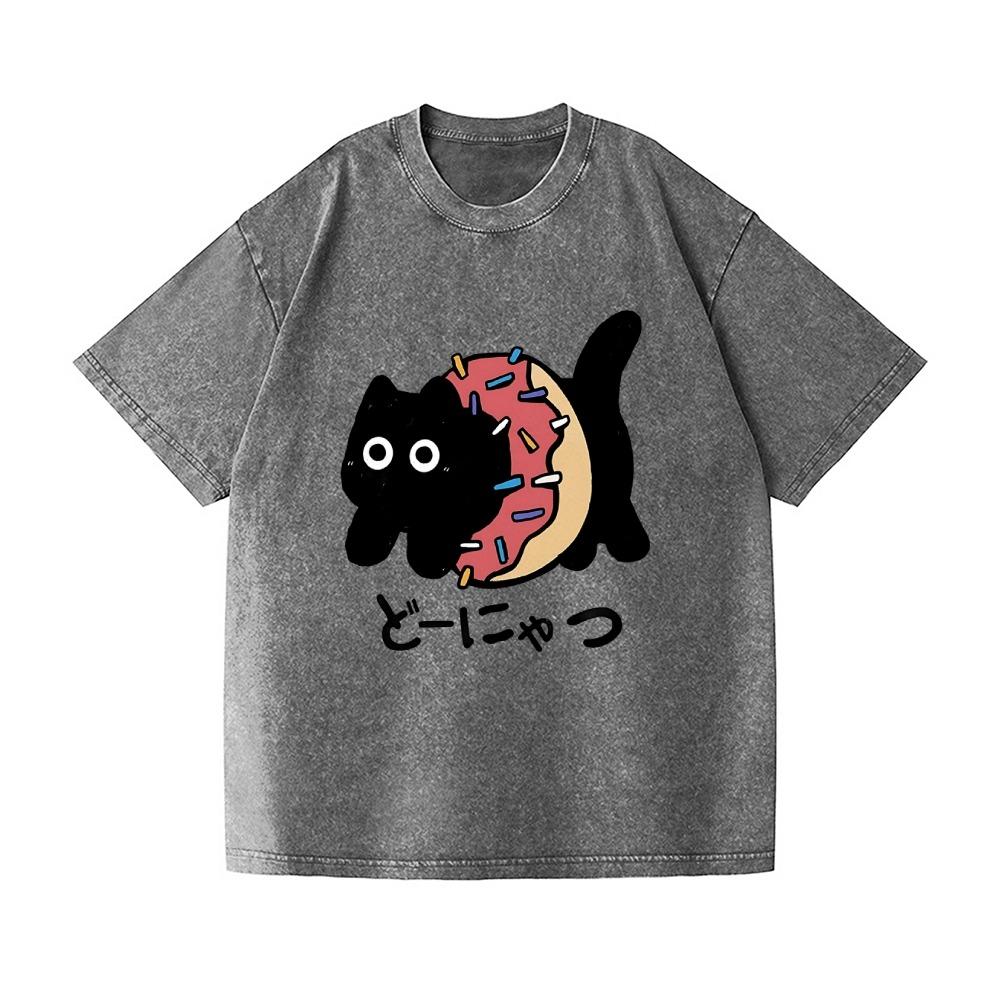Men's Short Sleeve Washed Acid T-shirts Casual Loose Funny Donut Cat Japanese Design Vintage Tees Oversized O-Neck Tops