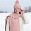 3Pcs/Set Winter Knitted Scarf Gloves Set Pom Pom Ball Double Layer Thickened Brimless Hat Touchscreen Gloves Neck Warmer Set