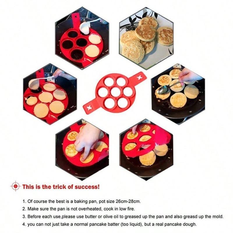 7-Cavity Silicone Pancake & Egg Ring Mold - Non-Stick Round Baking Tool  for  Breakfast  Sandwiches  and  Omelets  (Red)
