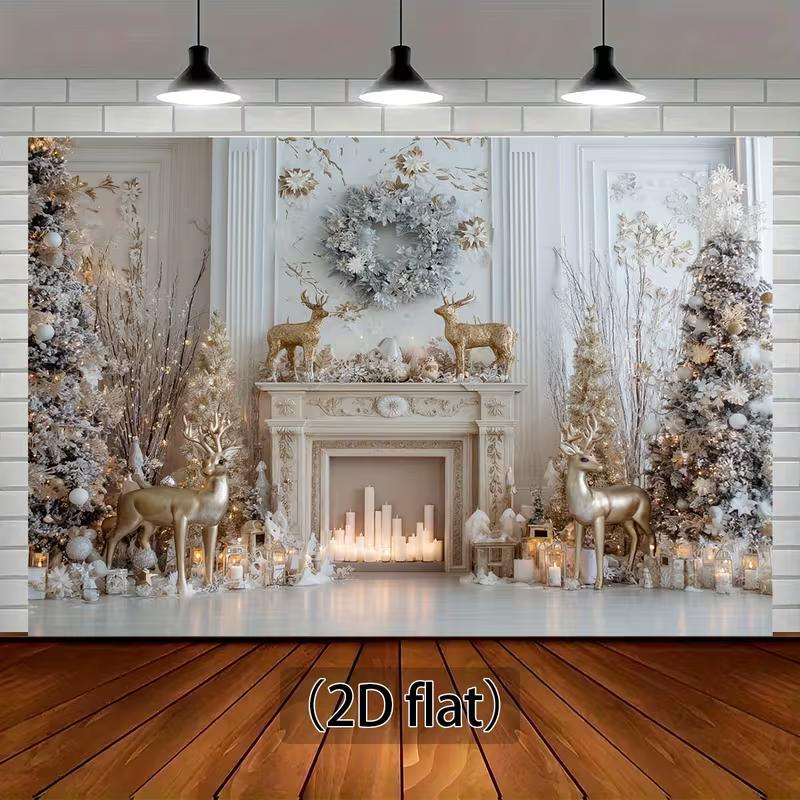 2D White Gold Christmas Fireplace Backdrop Reindeer Photography Background