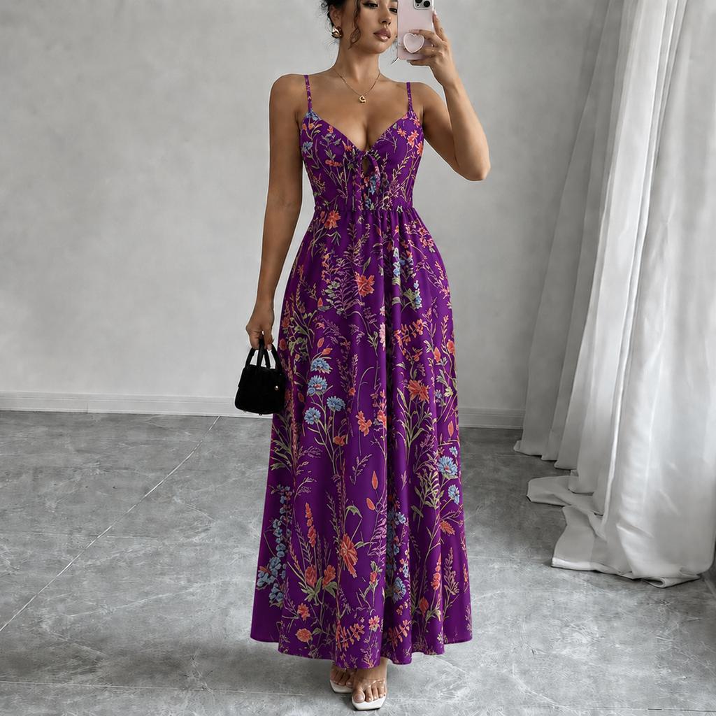 Women's Colorful Floral Print V-Neck Spaghetti Strap Dress