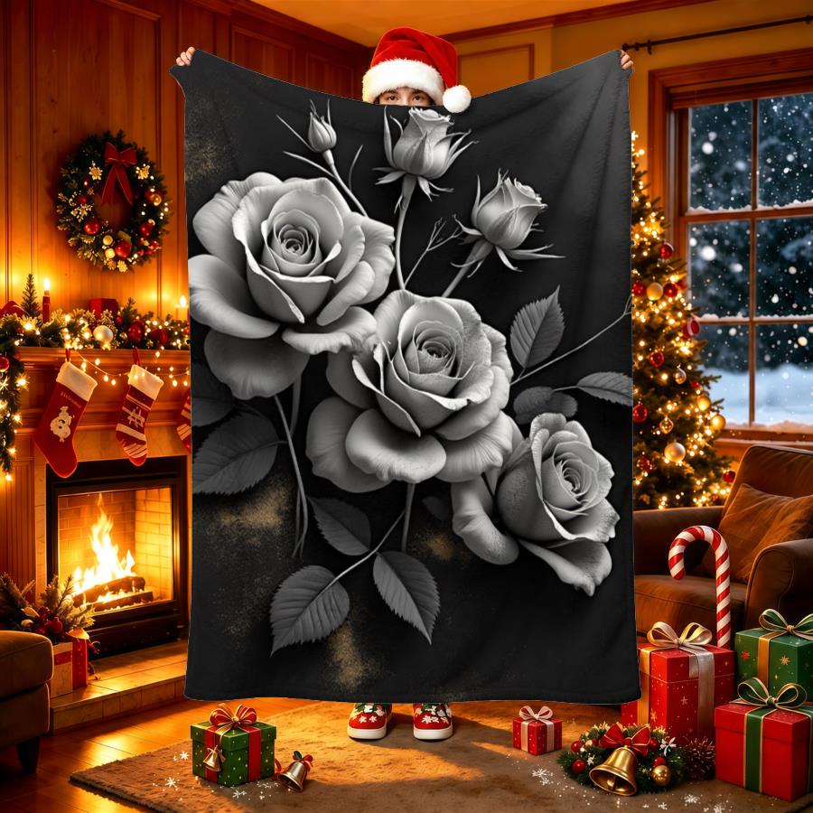 Elegant Grey?white Rose Floral Black?background Print Soft Flannel Throw Blanket Warm Cozy Blanket Romantic Household Decoration