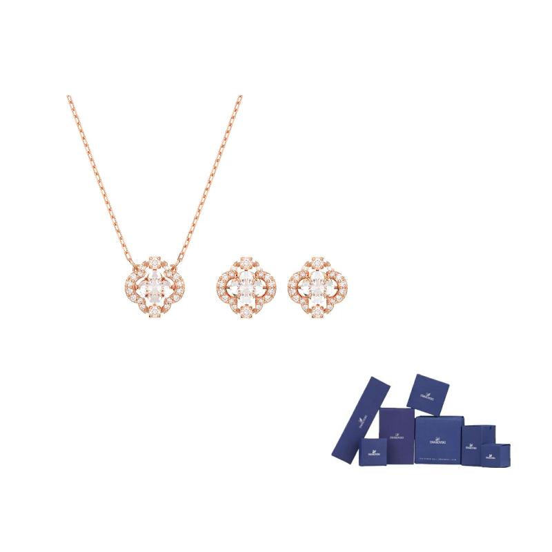 Swarovski Alloy Necklace Stud Earrings Set Womens Rose Gold F ( Fits All)-Original brand box розового золота