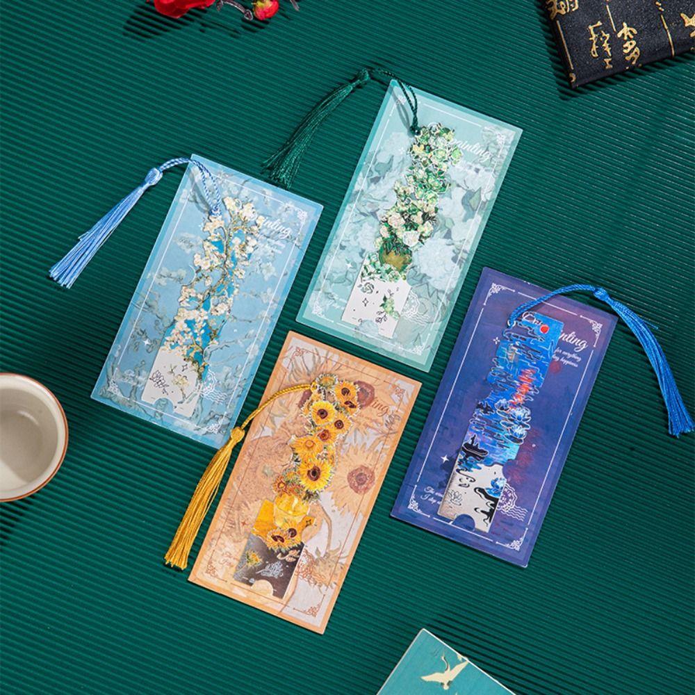 Tassel Pendant Metal Bookmark Oil Painting Floral Painting Bookmark  School Office Supplies